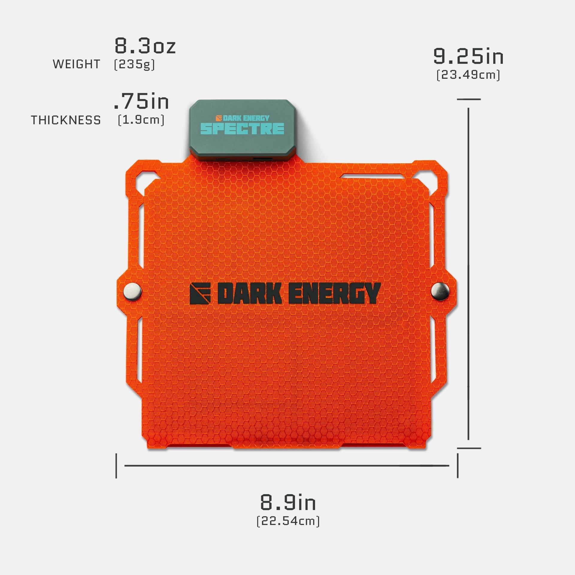 Orange dark energy product with dimensions and weight information on a white background