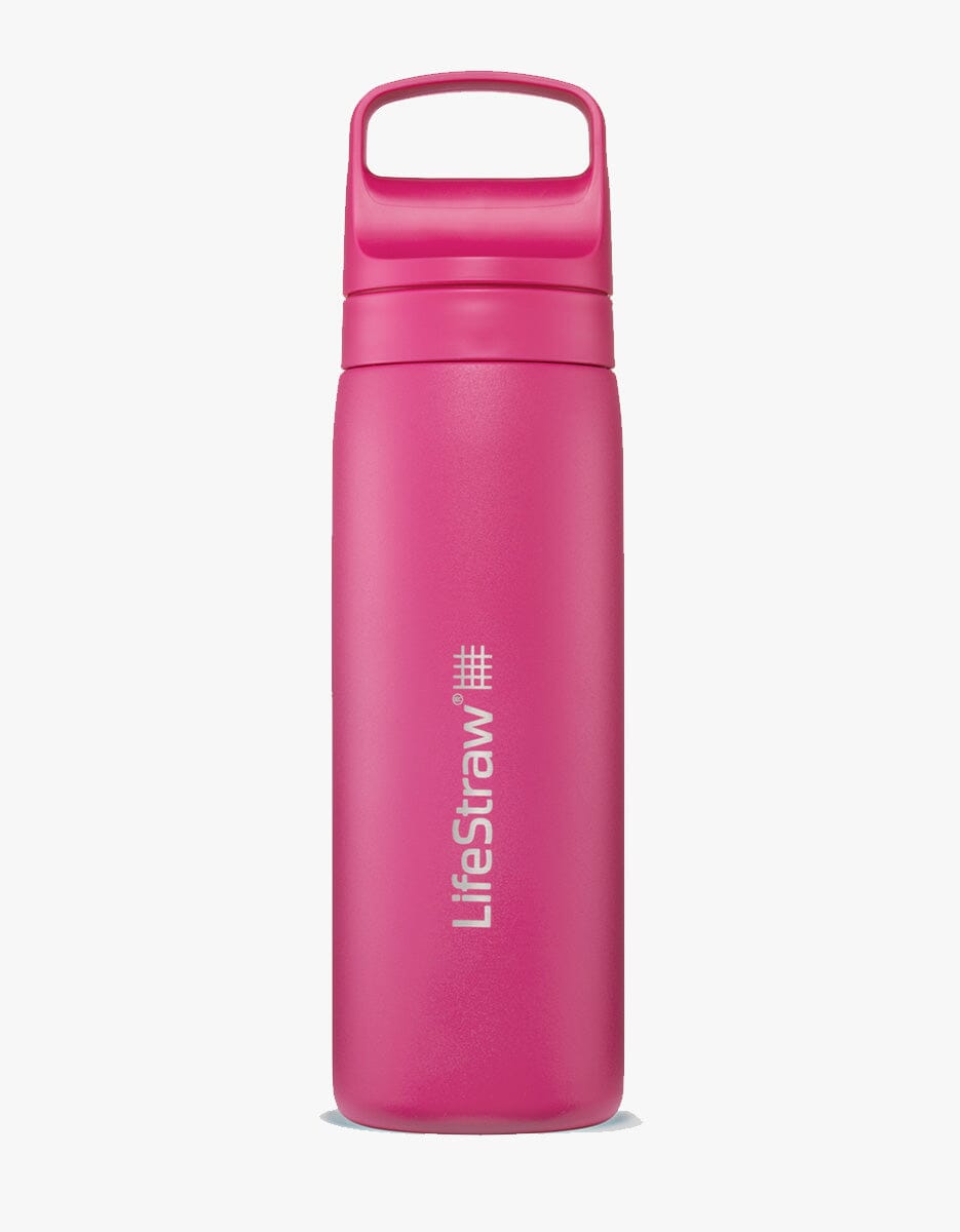 A stainless steel LifeStraw Go Series water bottle in 18oz capacity, shown in a sleek, modern design with a color-matched silicone mouthpiece on the cap. Text highlights its BPA-free construction and advanced 2-stage filtration system.