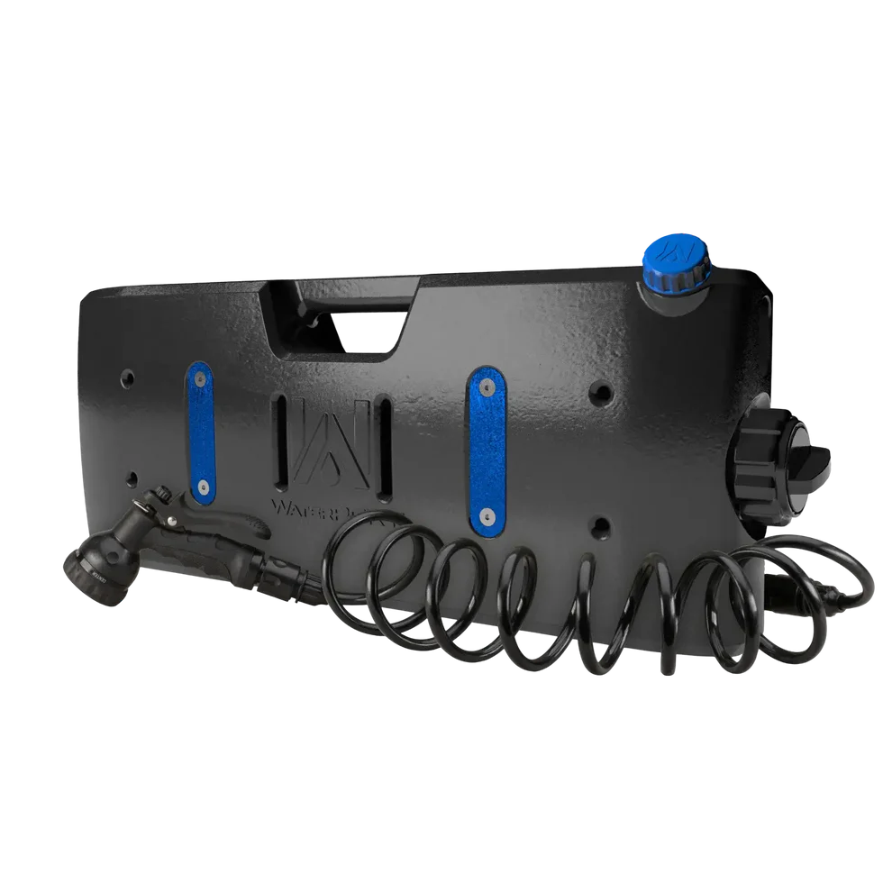 Overlander 5-Gallon Water Tank – A sleek, black self-pressurizing water tank with a low-profile design.