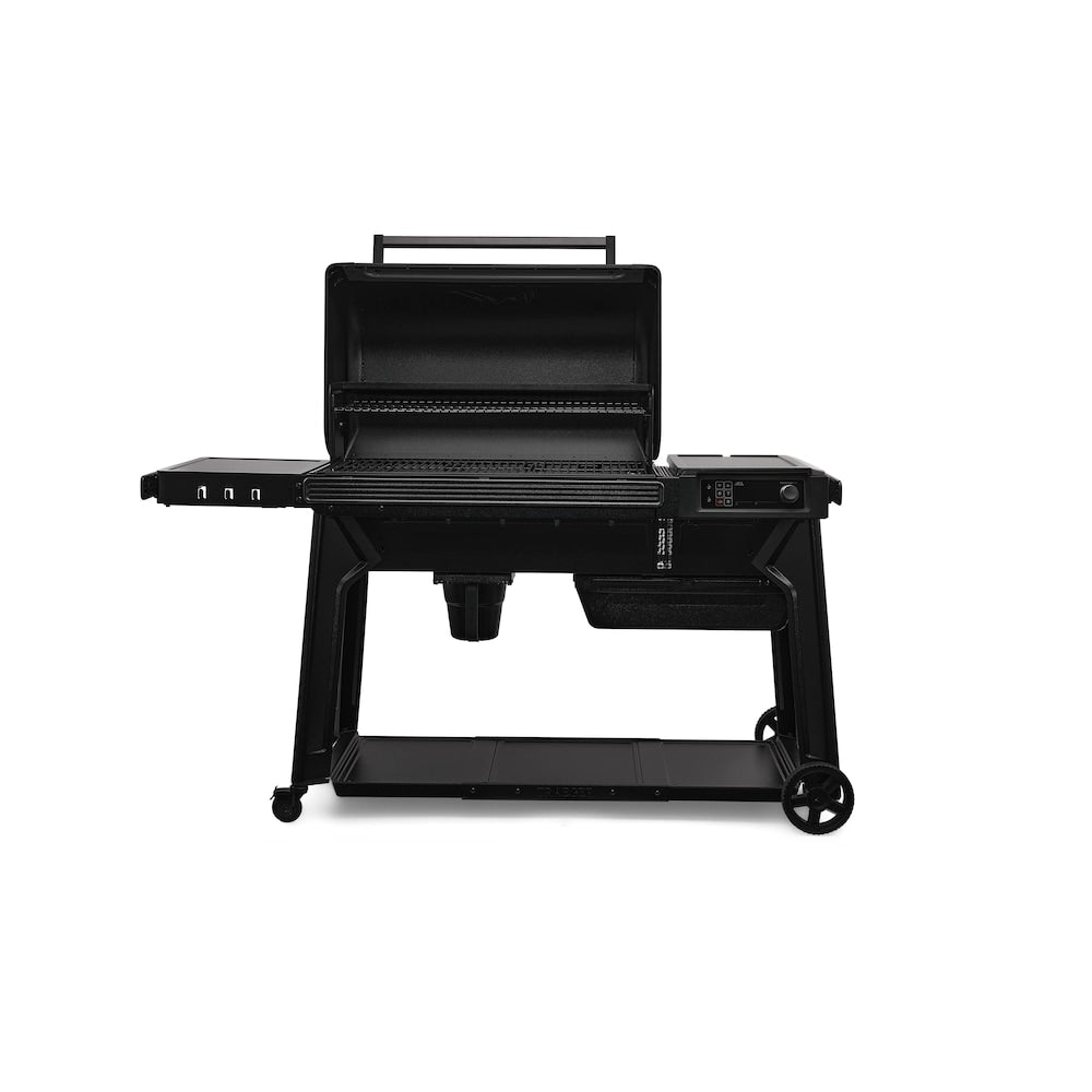 Traeger Woodridge Pro pellet smoker grill in black for outdoor cooking