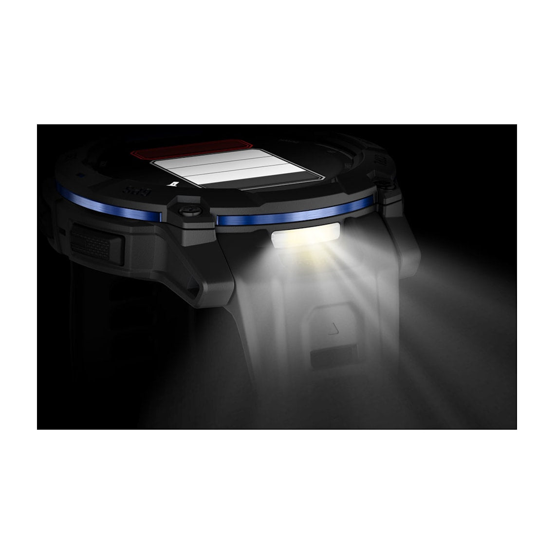 Close up of Garmin Instinct 3 50mm bezel and high-resolution AMOLED screen showing watch face data