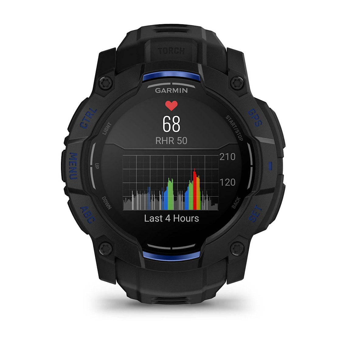 Angled view of Garmin Instinct 3 Black case showing Bolt Blue button accents and rugged polymer texture