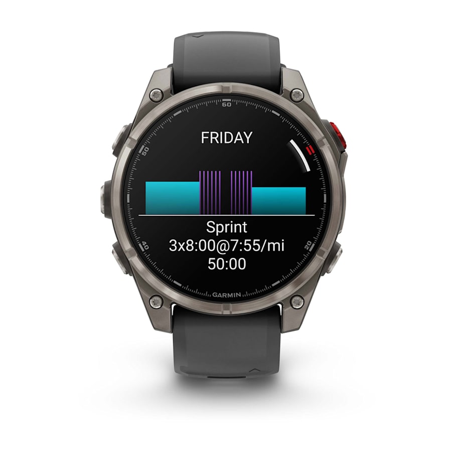 Back view of Garmin Fēnix 8 Pro with charging port and sensor array
