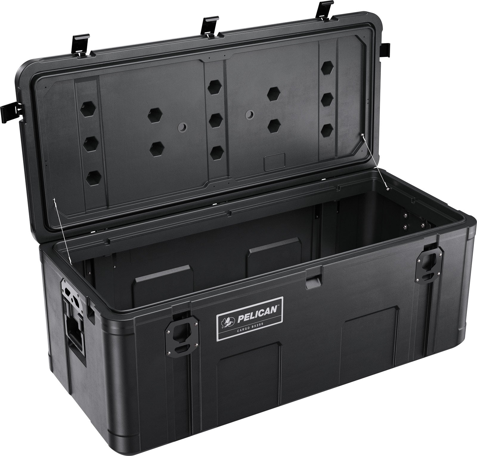 Heavy-duty Pelican Cargo case with lay-flat handles and steel latches