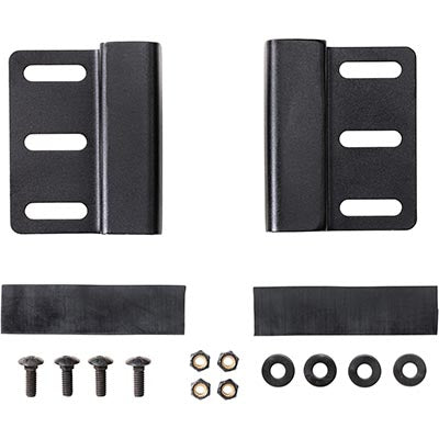 Set of black metal brackets and fasteners on a white background