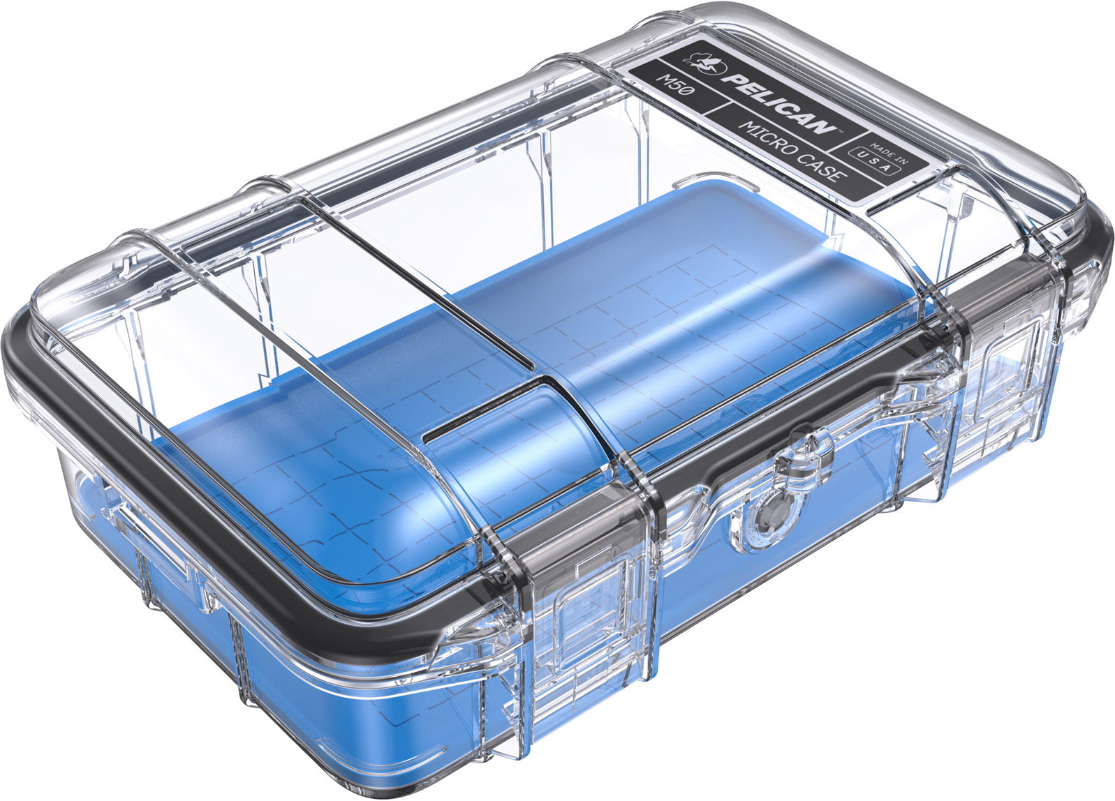 Close-up side view of the Pelican™ Micro Case Series™ highlighting dual latches and padlock hole for added security.
