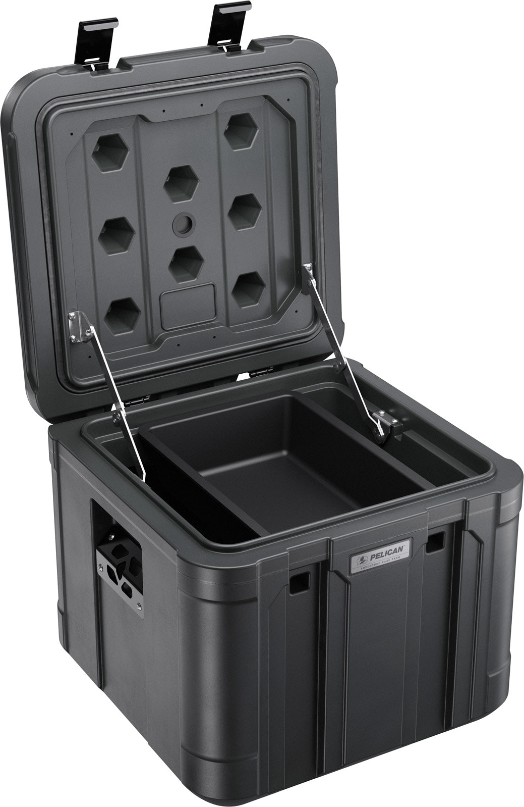 Lid-stay hinges supporting open lid on Pelican TX50 storage case