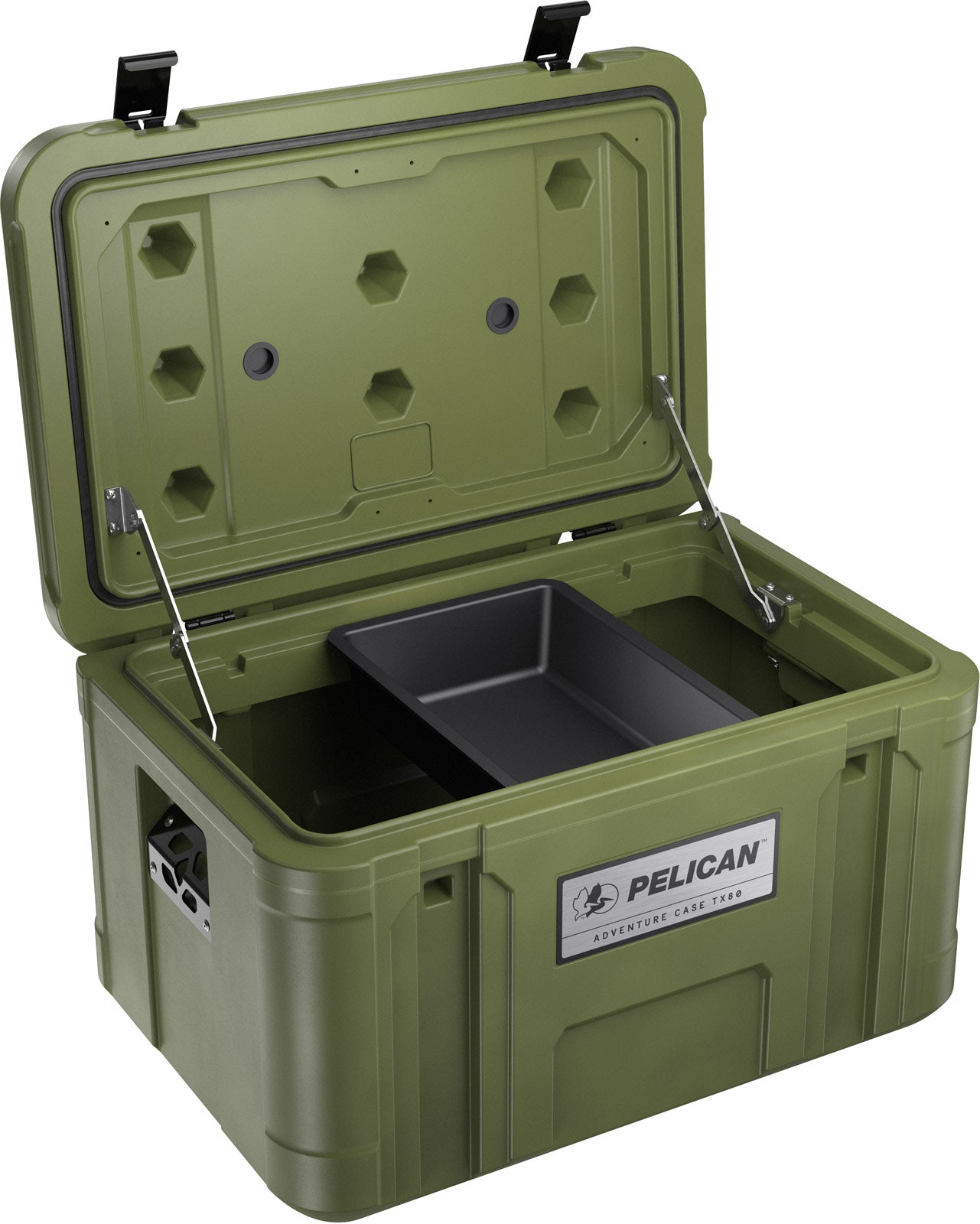 Lid-stay hinges holding Pelican TX80 case lid open
