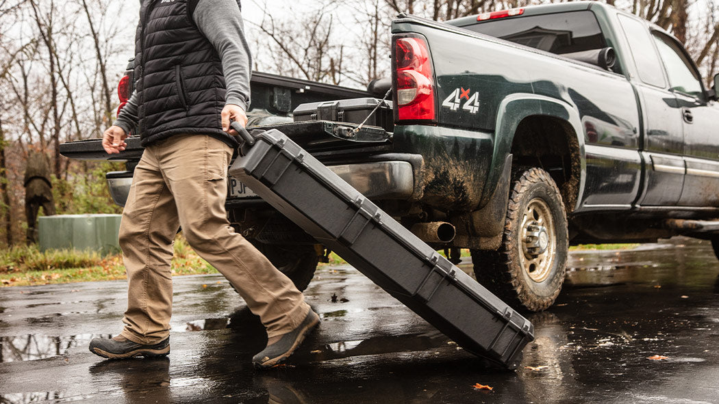 Close-up of the Vault series gun case’s six push-button latches, showcasing secure closure with easy-open functionality and high-impact polymer build for rugged, reliable protection.