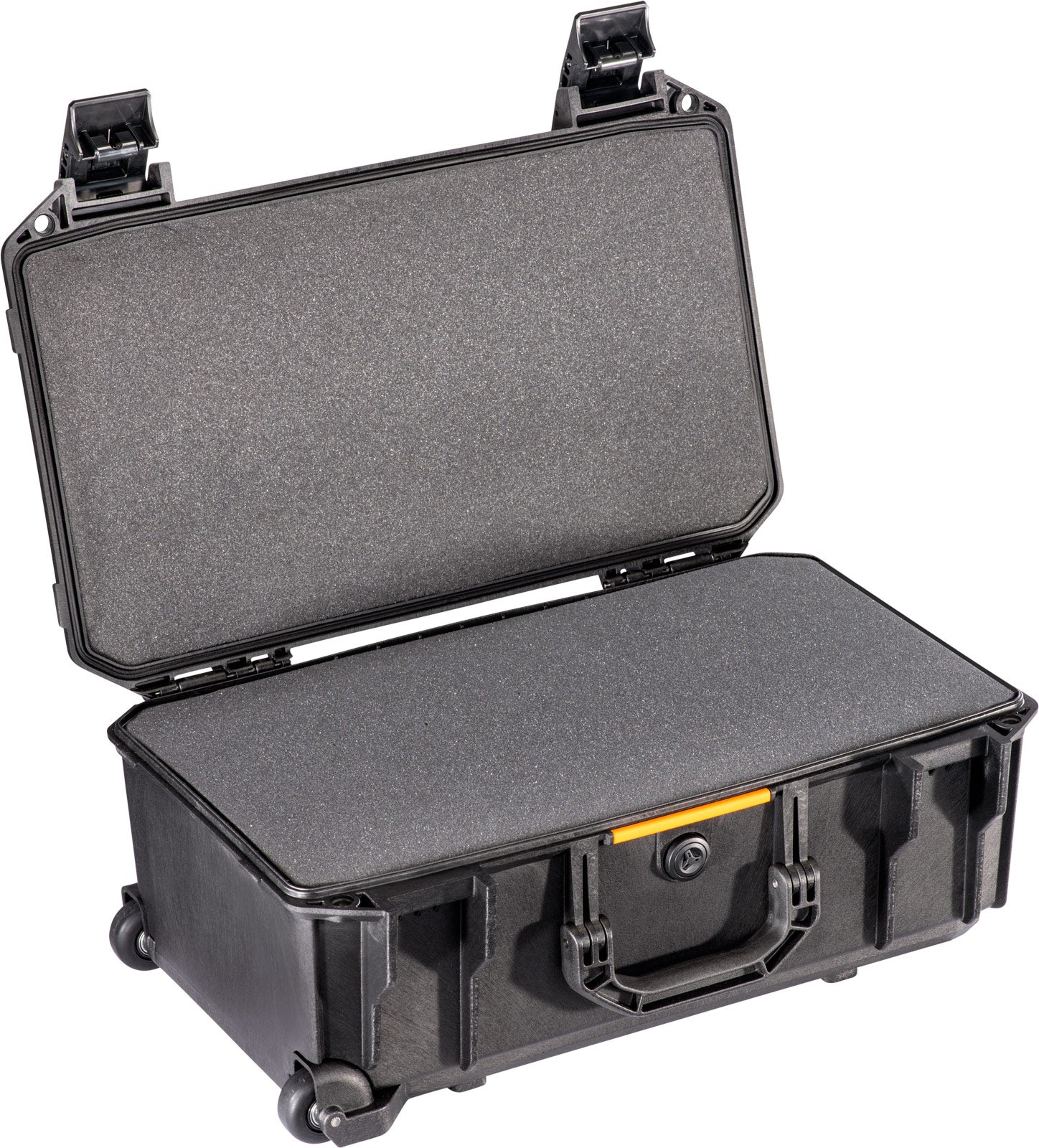 Two push-button latches on the Pelican V525 case for secure closure and easy access.