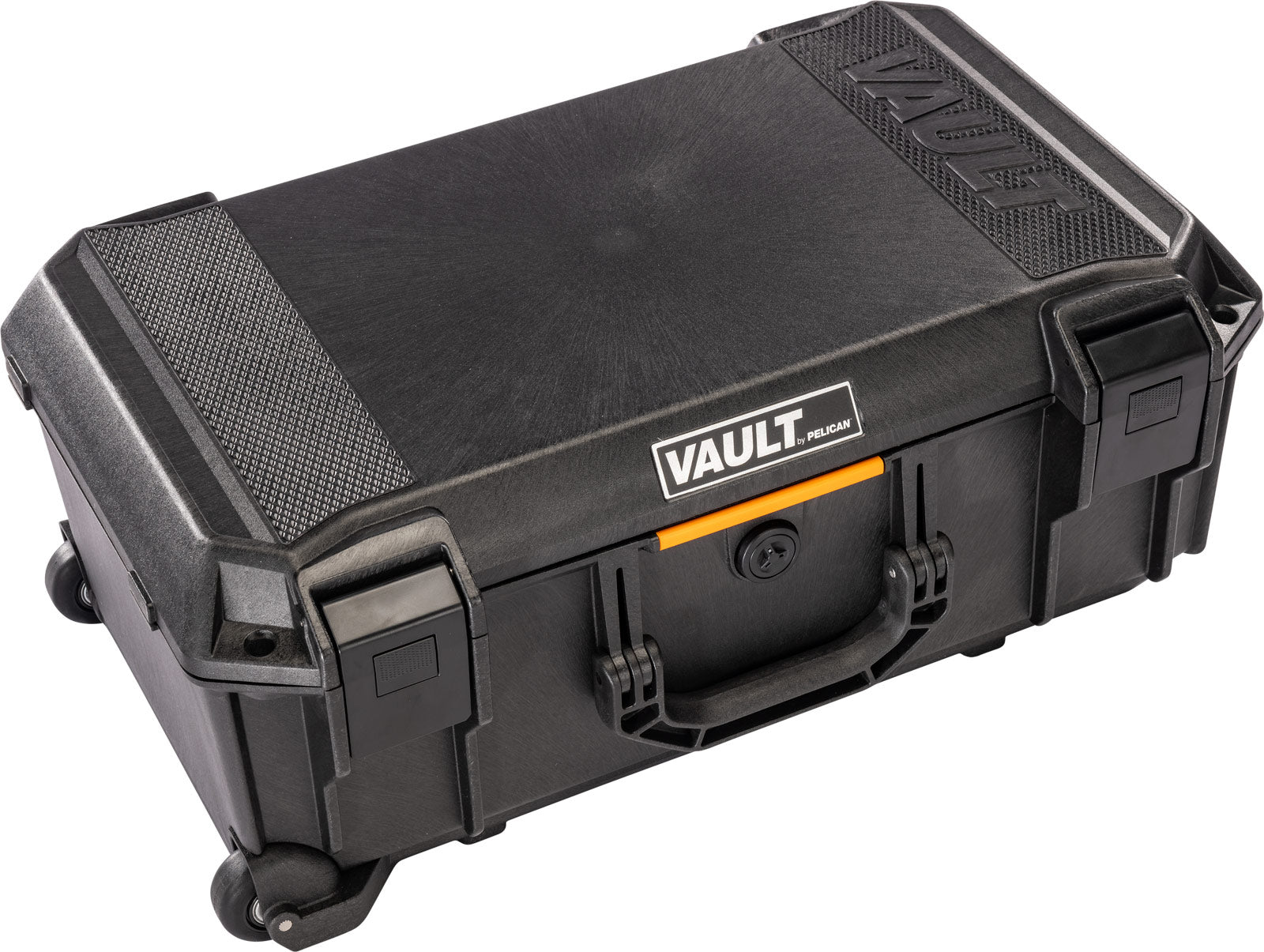 Pelican Vault V525 rolling case with stainless-steel ball-bearing wheels and retractable handle.
