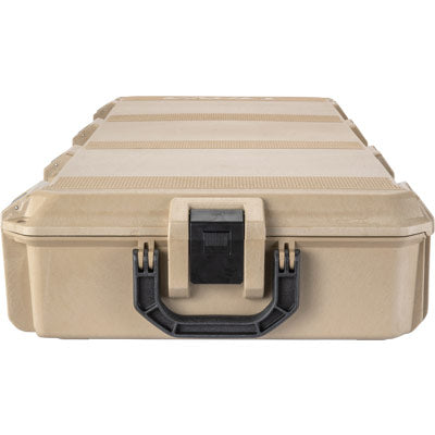 Close-up of secure push-button latches on rugged gun transport case