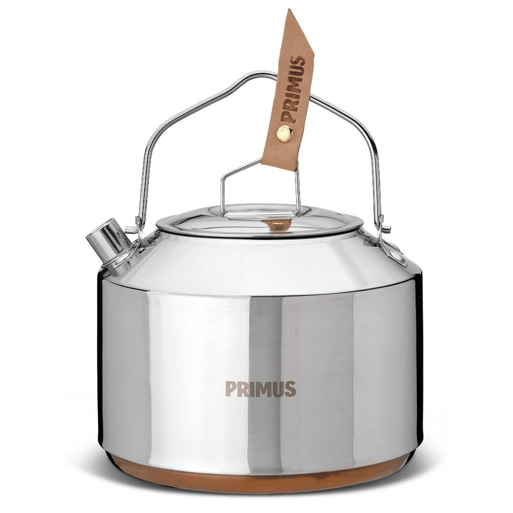 Stainless steel camping kettle with folding handle, perfect for coffee, tea, or hot chocolate outdoors