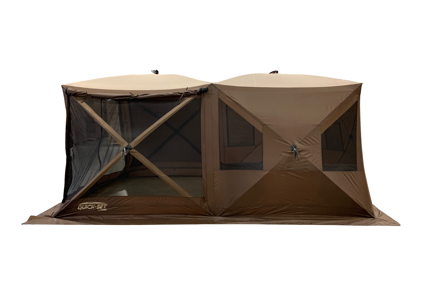 Quick-Set Cabin screen house with rain fly, removable floor, and divider panel, designed for camping and outdoor shelter