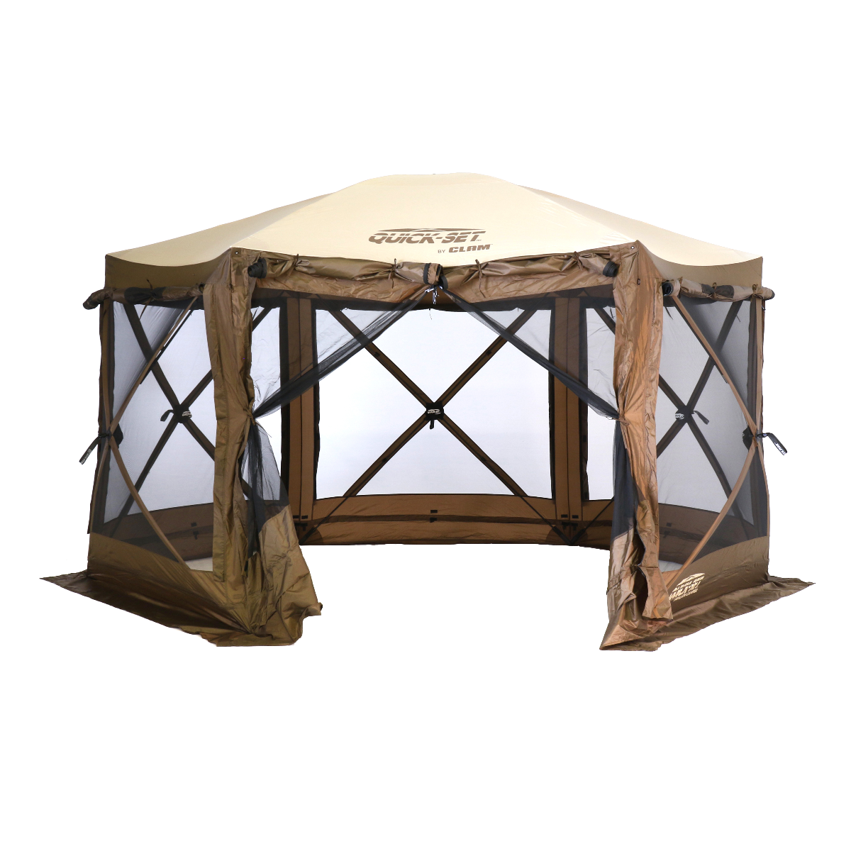 Quick-Set Pavilion six-sided screen shelter with built-in wind panels and privacy screens, set up in a backyard
