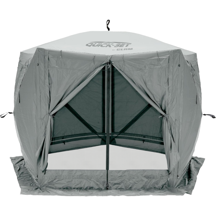 Gray fishing tent with 'Quick-Set' branding on a white background