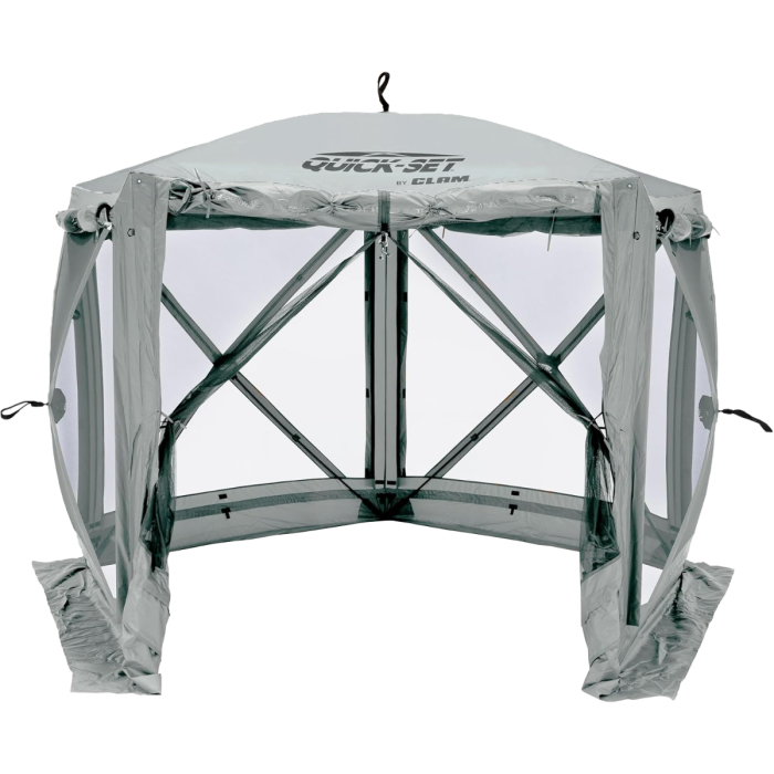 Gray outdoor canopy tent with 'Quick-Set' branding on a white background