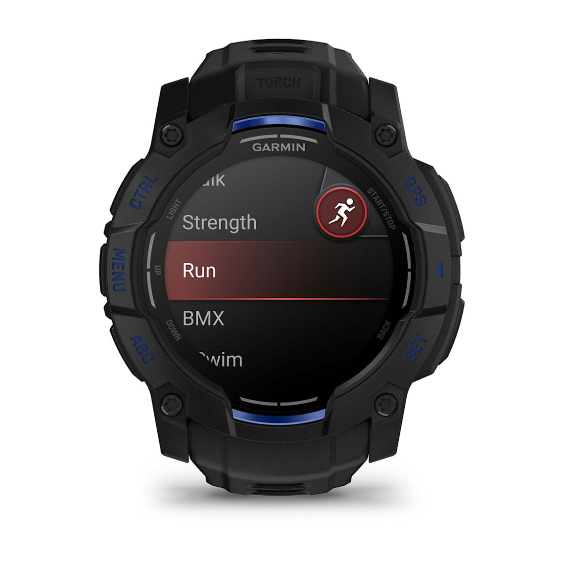 Side profile of Garmin Instinct 3 50mm showing rugged fiber-polymer case and metal-reinforced bezel with Bolt Blue button accents