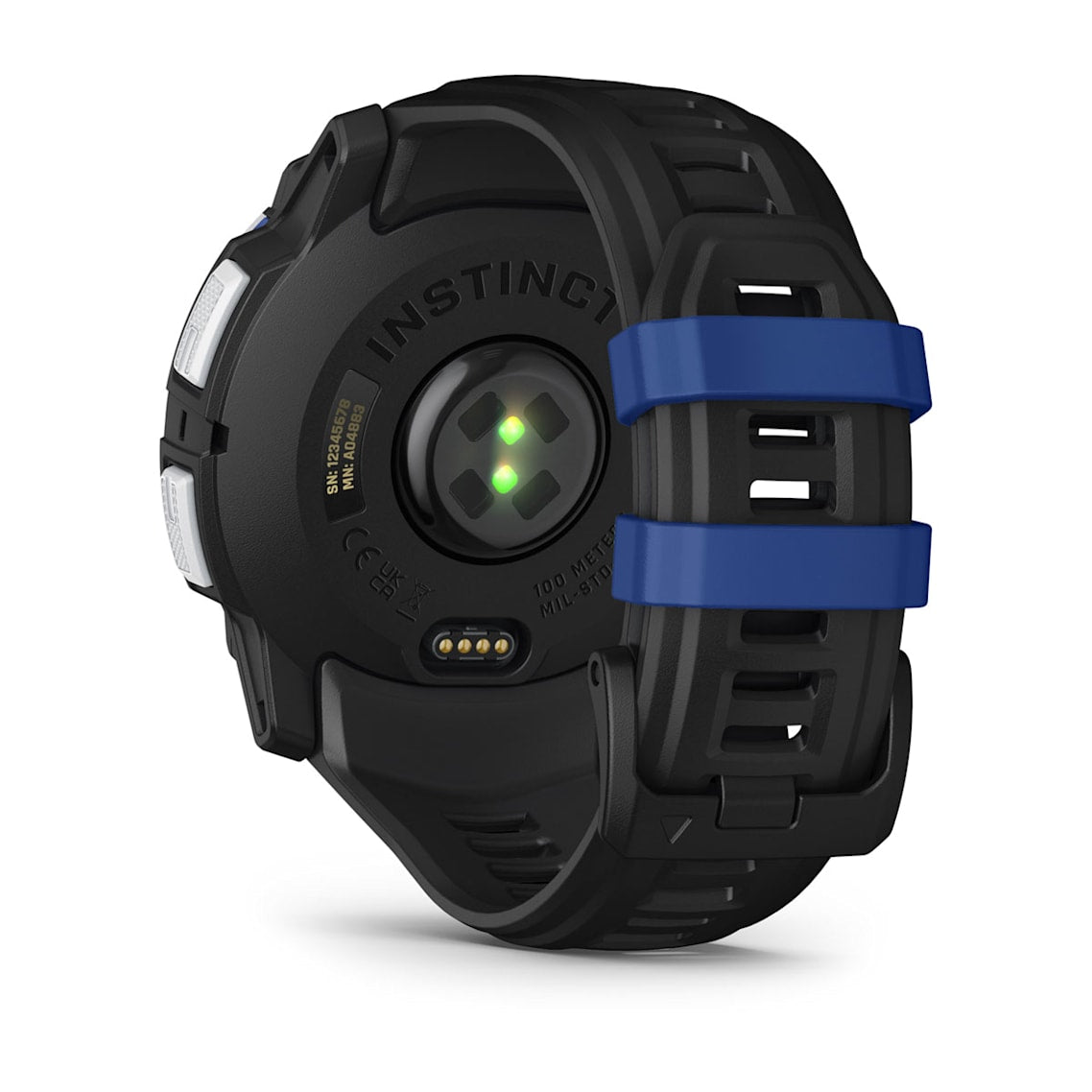 Black smartwatch with a blue band on a white background