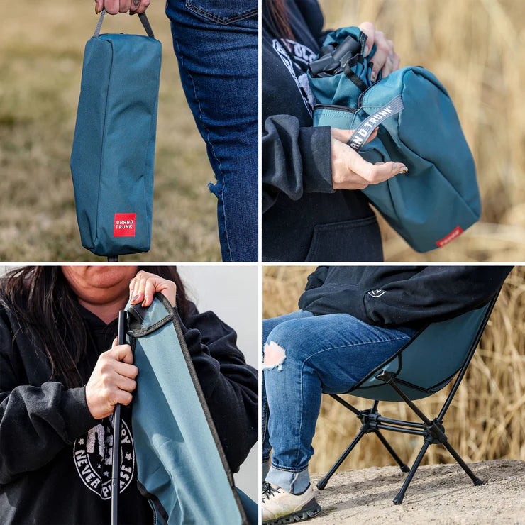 Compact folding Grand Trunk Caddis HD chair for camping, hiking, and outdoor adventures