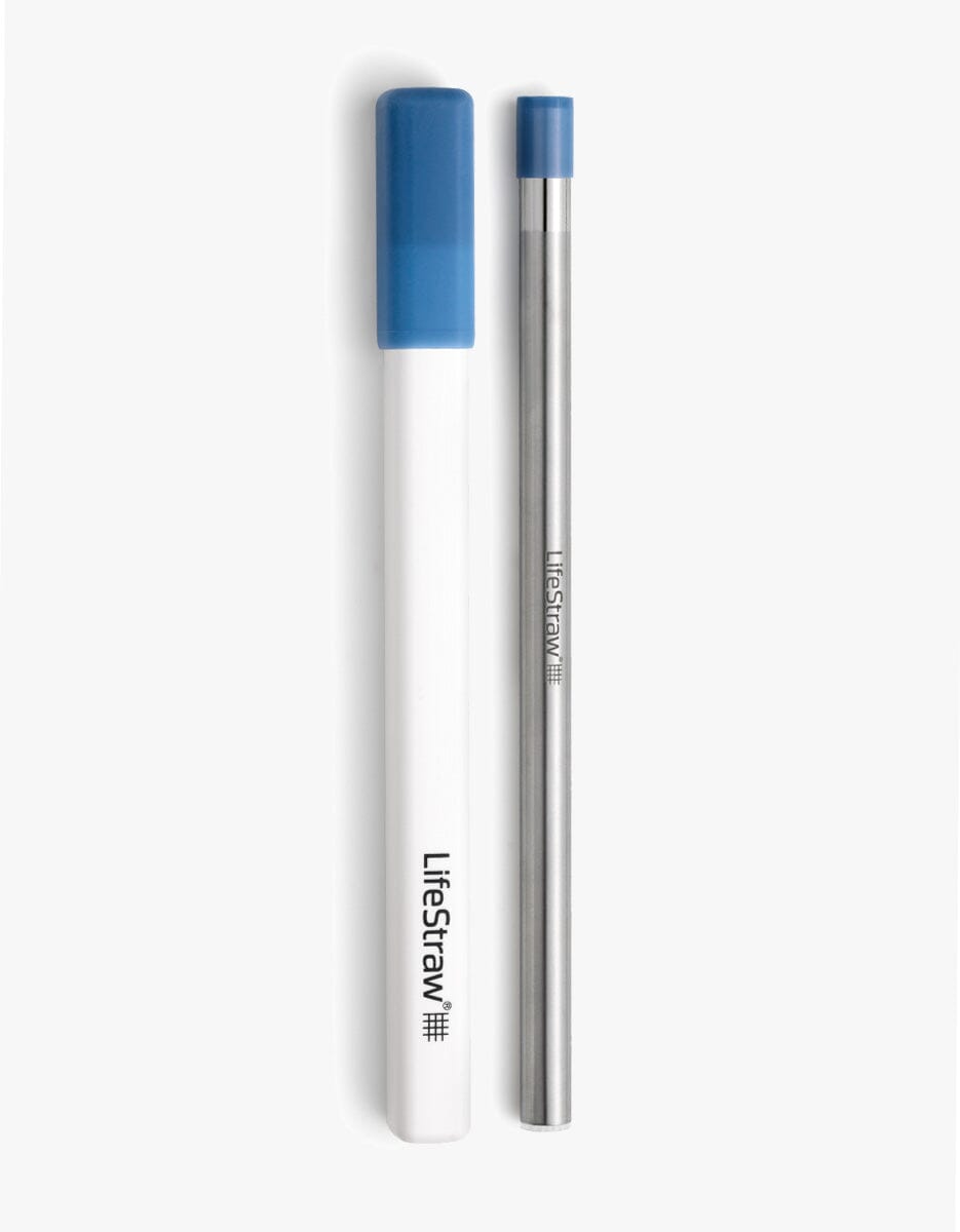 A sleek stainless steel reusable water filter straw with a compact, slim design, accompanied by a matching premium, black carry case. The straw has a silver finish with a slightly rounded tip for easy sipping Stormy Blue