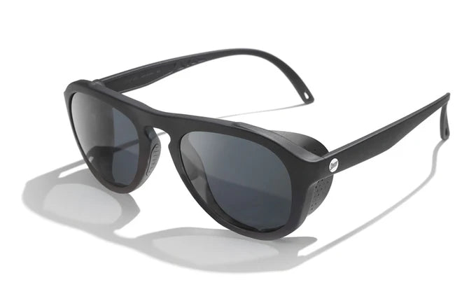 Close-up of removable magnetic sun shields on mountaineering sunglasses, designed to block side glare and prevent fogging