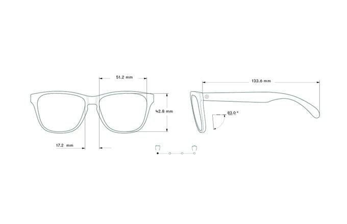 Sizing and fit guide for Sunski Madrona sunglasses, showing medium frame fit with temple width of 140mm, bridge width of 17mm, and lens width of 51mm.