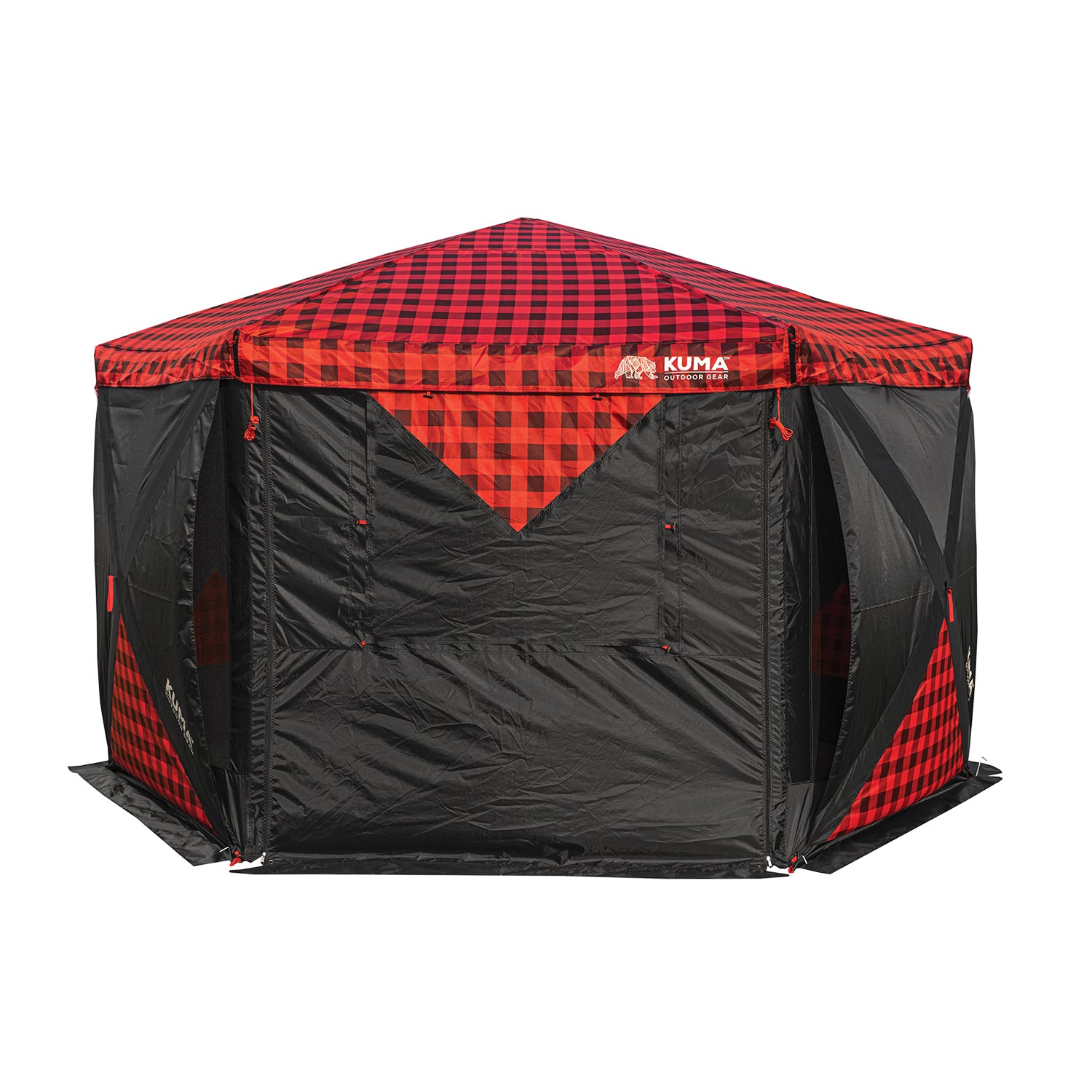 Close-up of the Super Deluxe Bear Den Gazebo showcasing dual vertical side zippers on the doors and front mesh window with awning setup option.