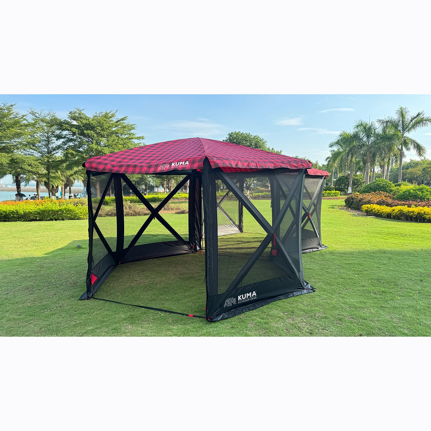 Side view of the Super Deluxe Bear Den Gazebo with its taller 8-foot height and spacious interior dimensions of 11'6” x 9'10”.