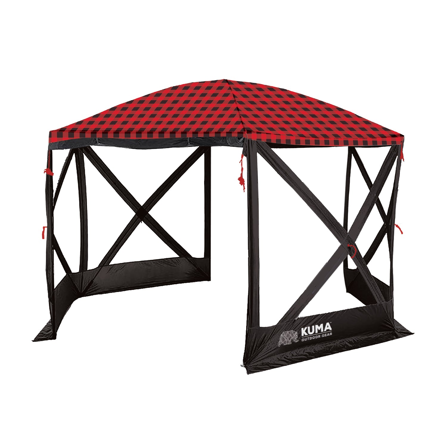 Image of the Super Deluxe Bear Den Gazebo with built-in walls and two doors, featuring roll-up/roll-down walls for privacy and element protection.