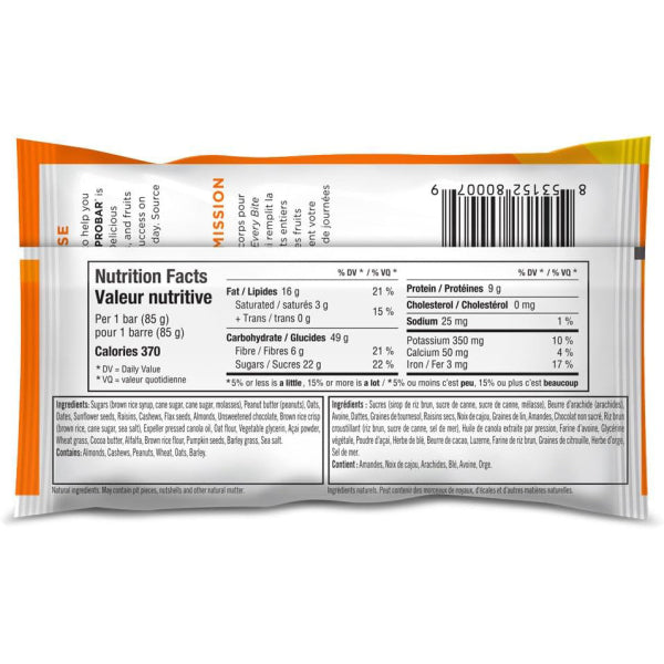 Close-up of PROBAR Superfood Slam bar with superfoods like acai berries, oats, nuts, and seeds