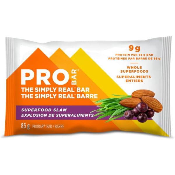 PROBAR Superfood Slam nutrition bar made with acai, raspberries, dark chocolate, and greens for sustained energy