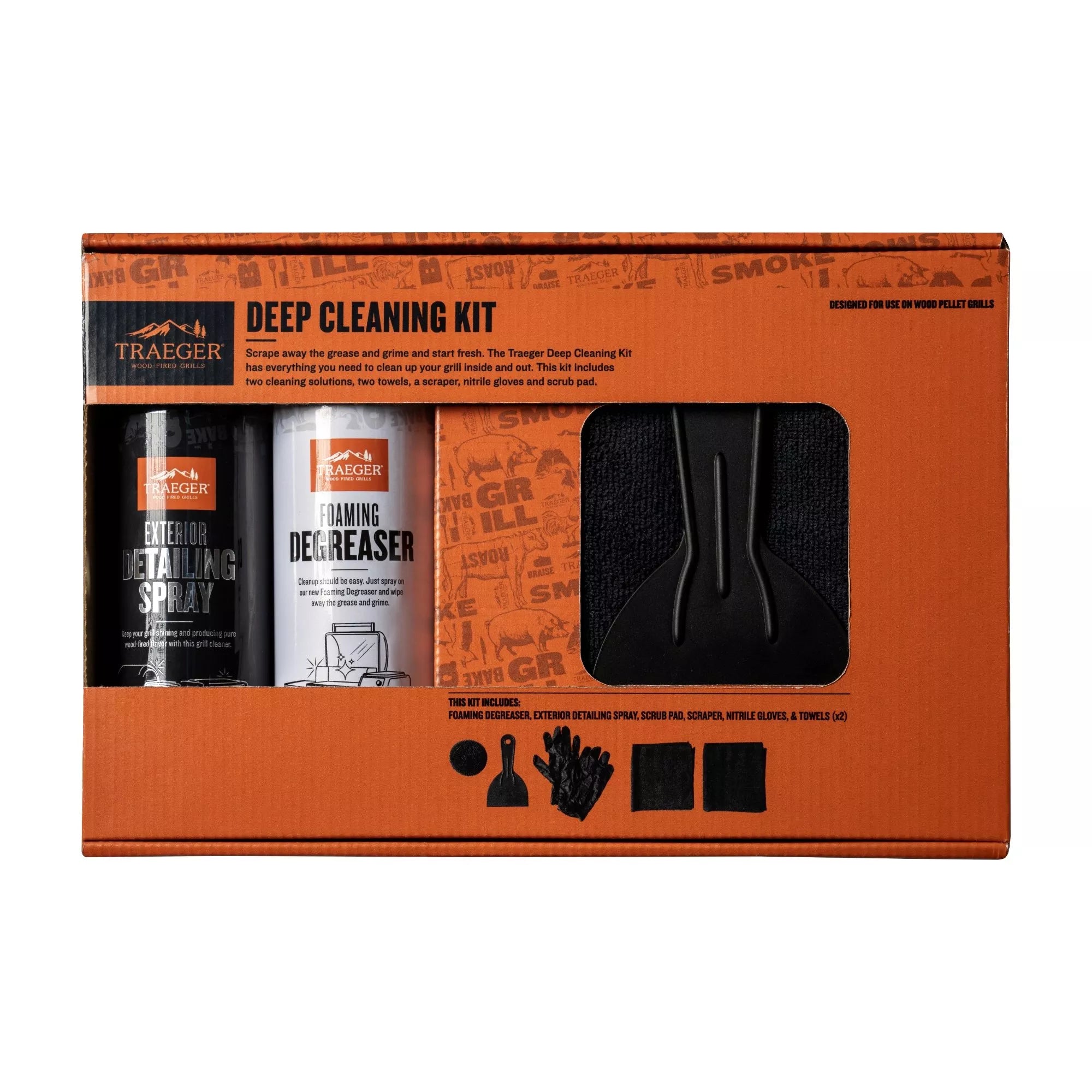 Traeger grill cleaning kit degreaser scraper microfiber towels and gloves set