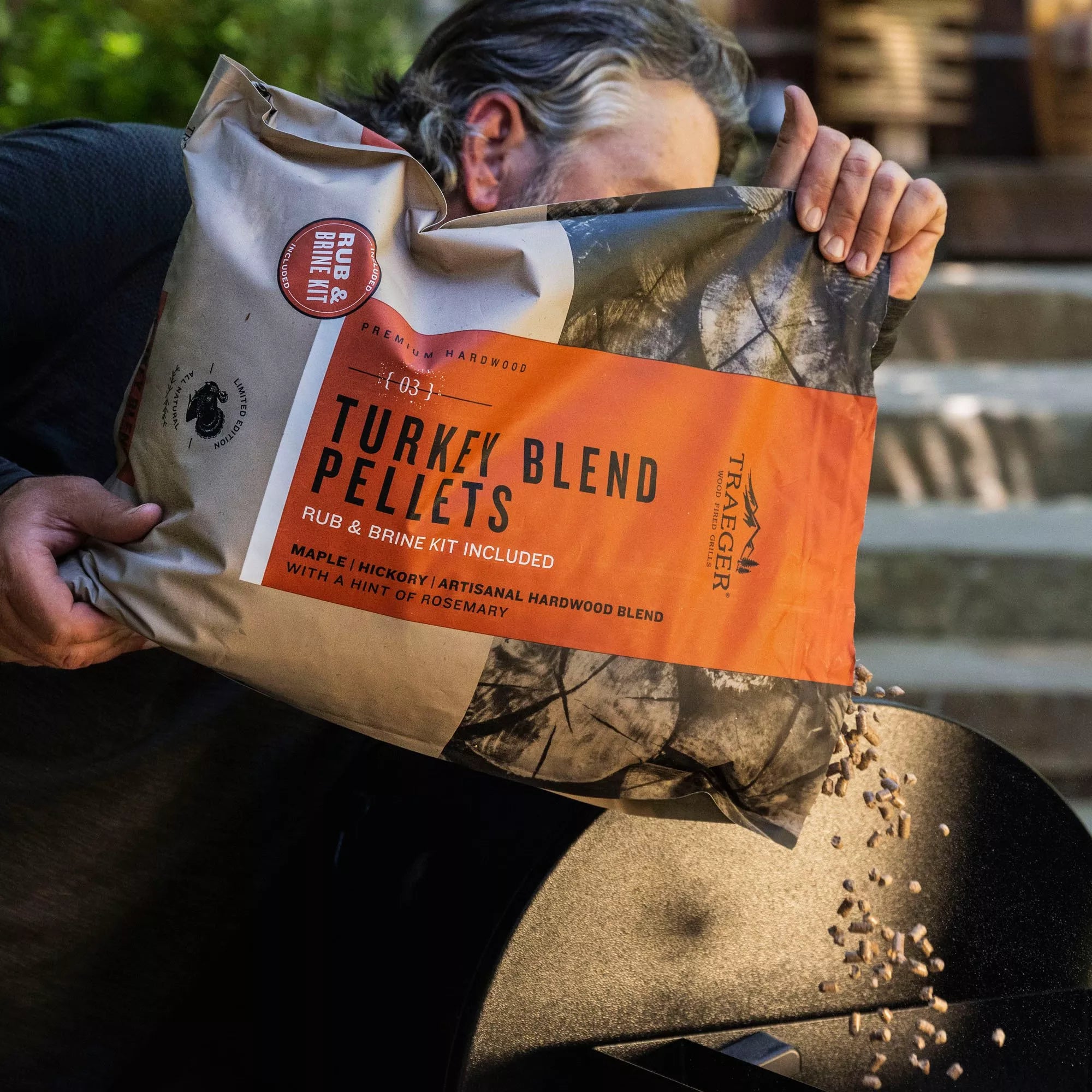 Maple hickory wood pellets with rosemary infused Traeger turkey blend BBQ flavor