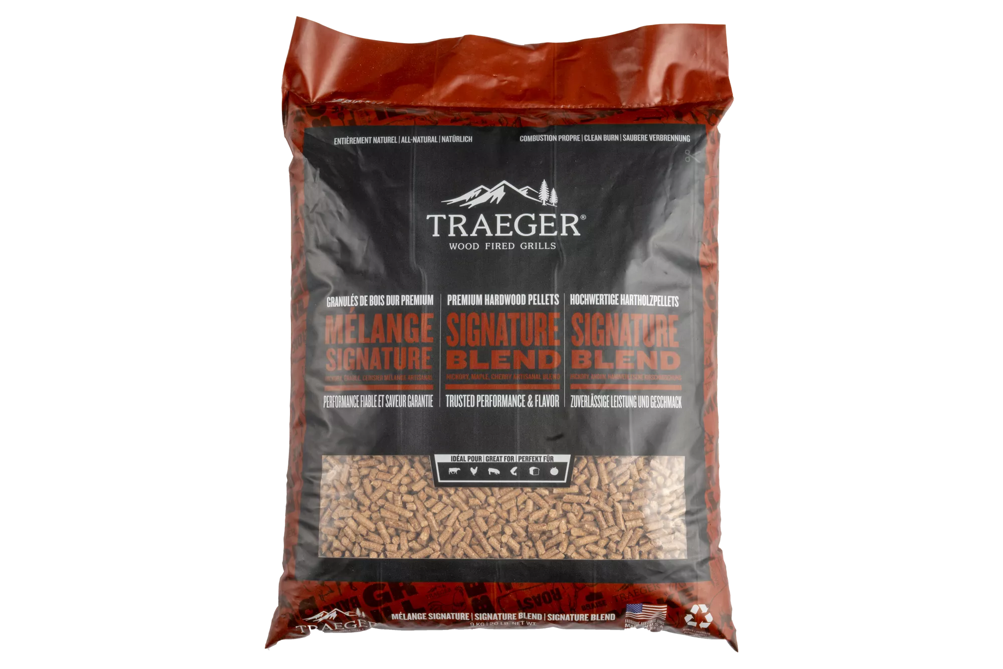 Traeger signature blend wood pellets hickory maple cherry BBQ smoking fuel