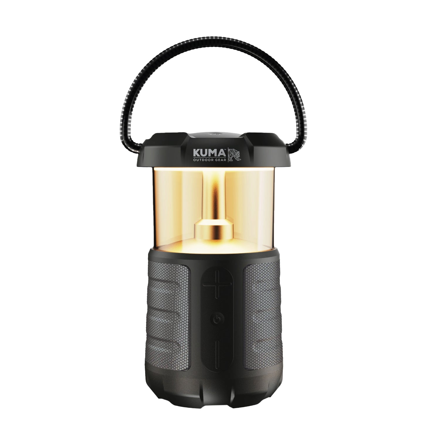 A sleek, black Trailmate Speaker Lantern displayed on a wooden camping table, illuminated to show both its LED light and speaker function. The lantern features a sturdy ABS plastic casing with a visible control panel on its side. The background includes a softly lit campsite with a tent and trees under the night sky.