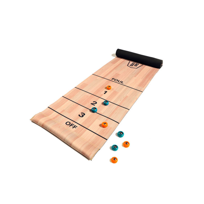 compact neoprene shuffleboard game with 8 pucks
