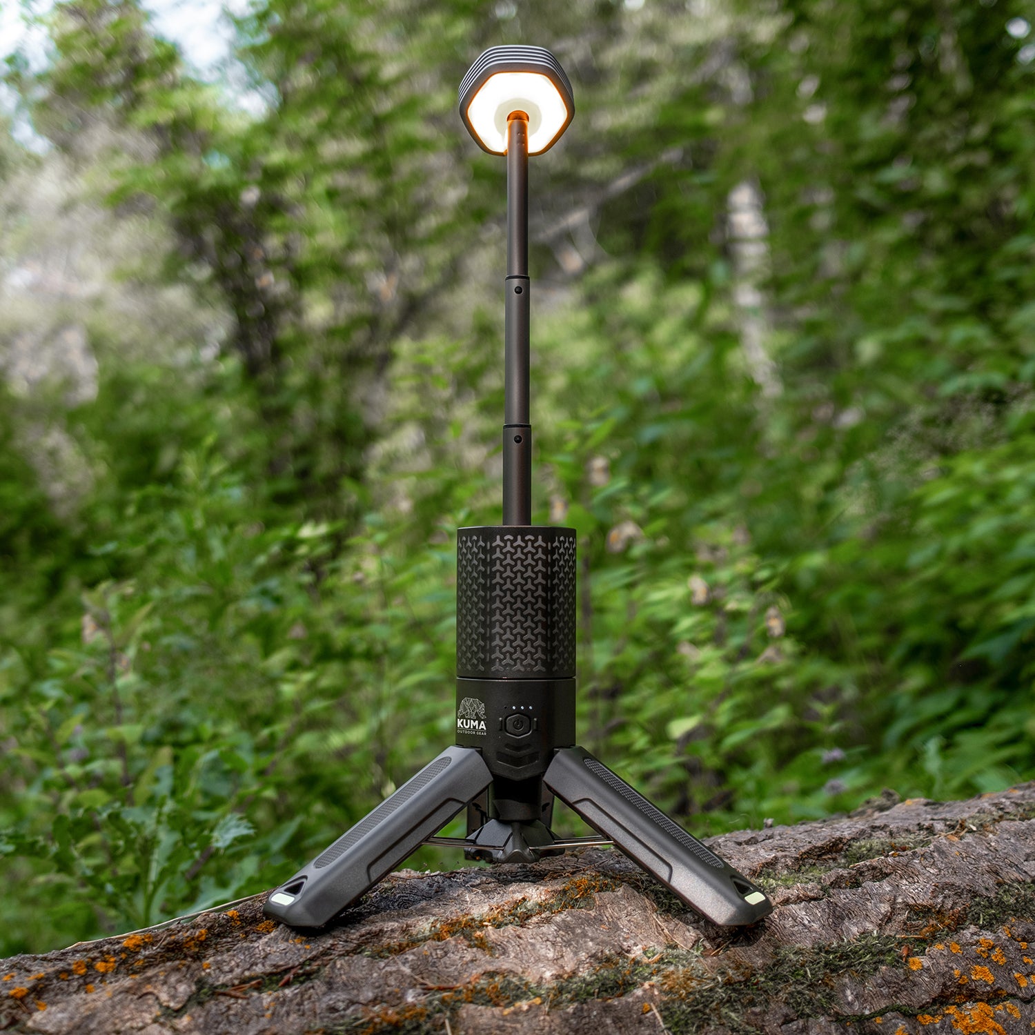 Kuma Trek Glo lantern with telescopic tripod, cool/warm light, and durable waterproof design.