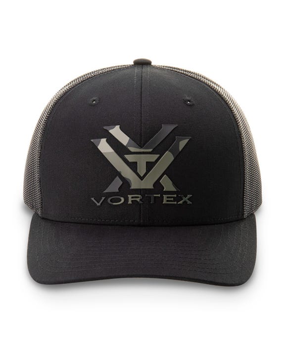 Vortex Nation camouflage trucker hat front logo