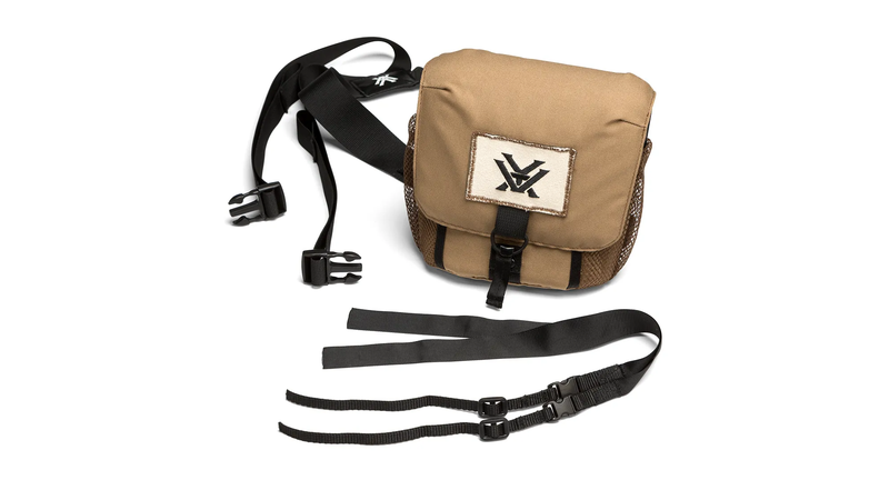 Lightweight binocular chest pack with mesh side pockets and secure bungee closure