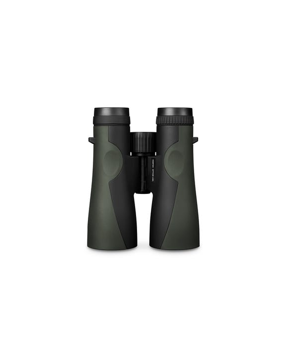 Close-up of Crossfire HD 12x50 binoculars showing center focus wheel and eyecups