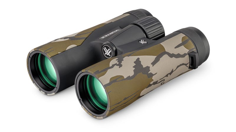 Camouflage binoculars with a brand logo on a white background