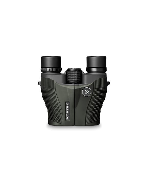 Vortex Vanquish 8x26 compact binoculars in black with durable rubber armor and center focus wheel.