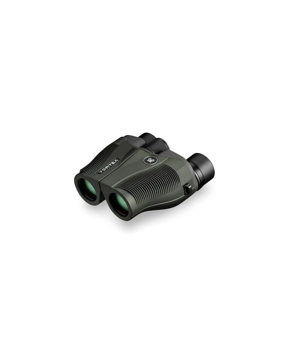 Front view of Vortex Vanquish 8x26 binoculars showing the 26 mm objective lenses and compact reverse Porro prism design