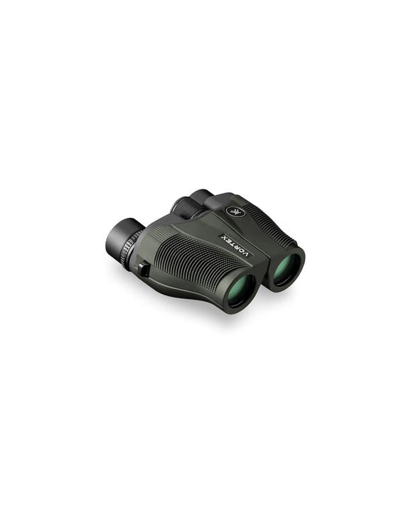 Side view of Vortex Vanquish 8x26 binoculars highlighting the compact body, adjustable eyecups, and center focus wheel.