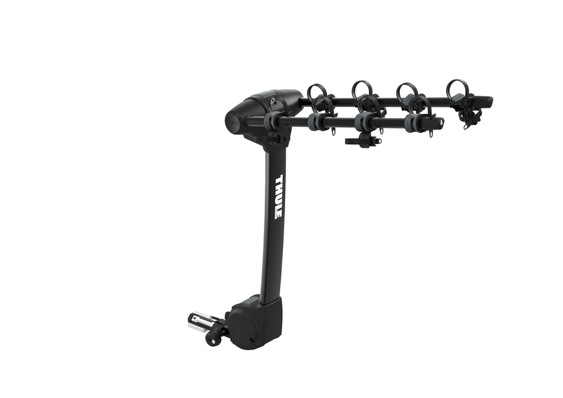 premium hanging hitch bike rack with four slots for carrying up to four bicycles, suitable for 1.25-inch and 2-inch hitches, shown in black