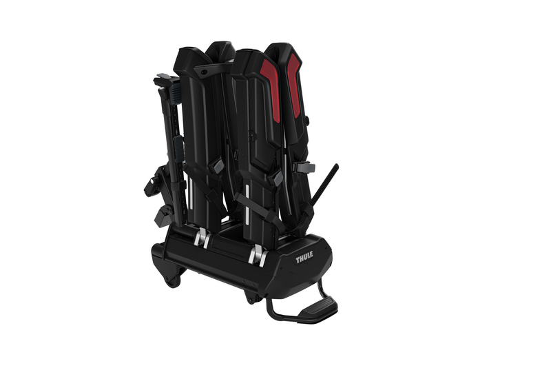 Thule Epos bike rack folded down for easy transportation and storage, highlighting its compact and foldable design