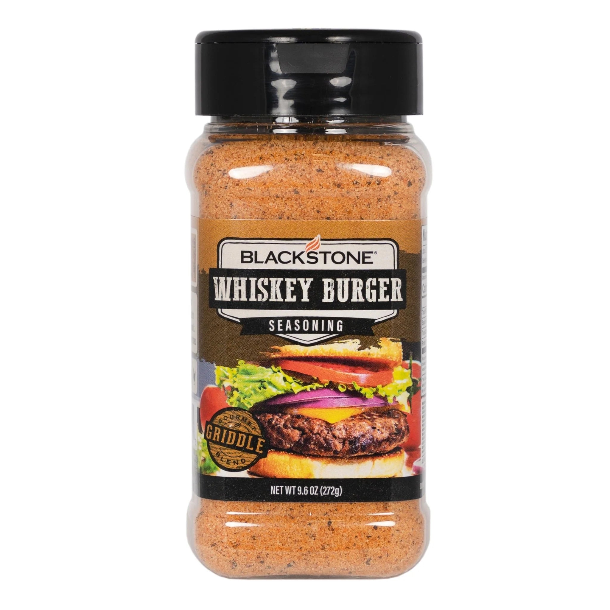 Blackstone Whiskey Burger Seasoning 9.6 oz bottle with smoky whiskey