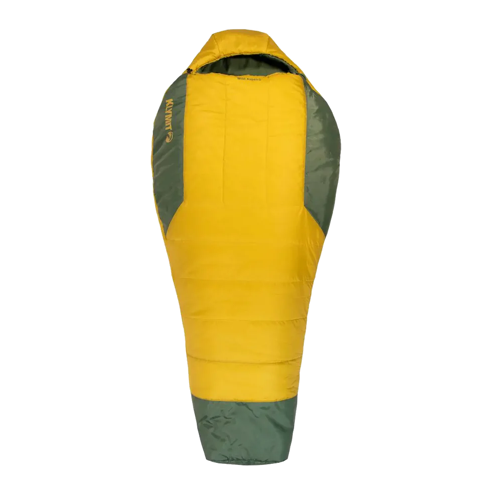 Wild Aspen 0 sleeping bag in a mummy-style design with a durable, water-resistant micro polyester shell. Fully extended to showcase its shape and insulation.