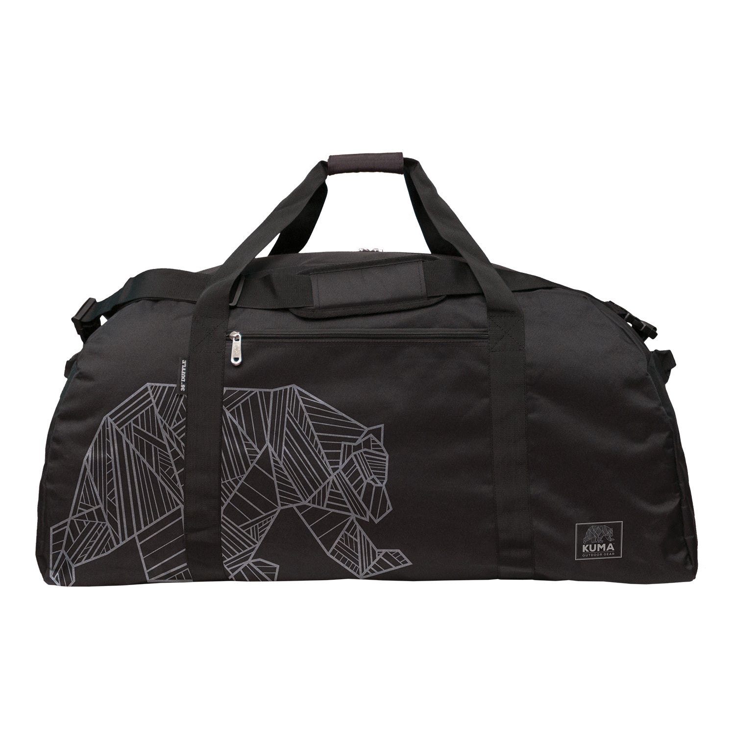 Black duffel bag with Kuma bear design on a white background